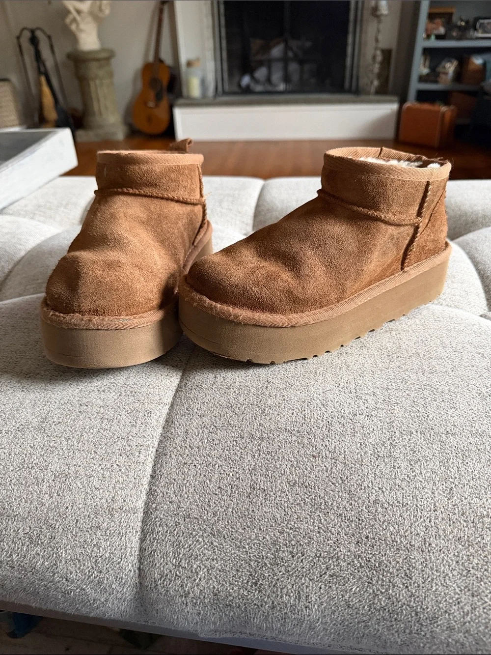 UGG Chestnut Suede Platform Ankle Boots Youth Size 2 Cozy Wool Blend Lined